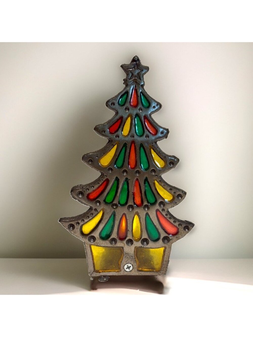 Vintage Stained Glass Christmas Tree Candle Holder Cast Iron Votive Tea Light